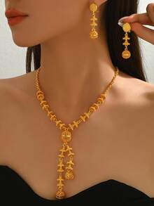 Bộ 3 chiếc/Bộ trang sức vòng cổ và hoa tai tua rua dài mạ vàng rỗng hạt, thích hợp cho phụ nữ đeo trong các buổi lễ kỷ niệm, tiệc, tiệc tùng - Vàng - Xem 10