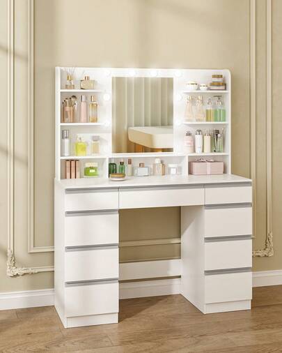 HEXCELEN Dressing Table With 10 LED Light Globes, Vanity Desk With 1 Large Drawer And 8 Small Drawer Cabinets, Adjustable Brightness, Large HD Mirror, 9 Open Storage Areas, White