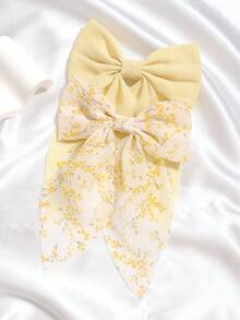 两件套黄色雪纺花朵蝴蝶结发夹，带飘带，休闲波西米亚宫廷风派对可爱街头优雅风，四季皆宜，涤纶材质，发饰，夏季配饰，爪夹，发夹，发卡，发爪，蝴蝶结，发饰，头饰，发夹 - 黃色 - 查看 4