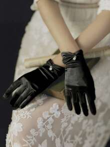 1 双女士新娘婚礼手套，缎面腕长歌剧手套，带珍珠装饰，正式派对礼服手套秋季配饰