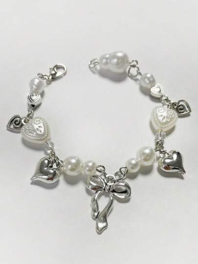 1 Stück minimalistisches, lässiges Armband mit Schleife und rotierenden Acrylperlen im Herz-Design, geeignet für den Alltag oder Partys, Cut Out