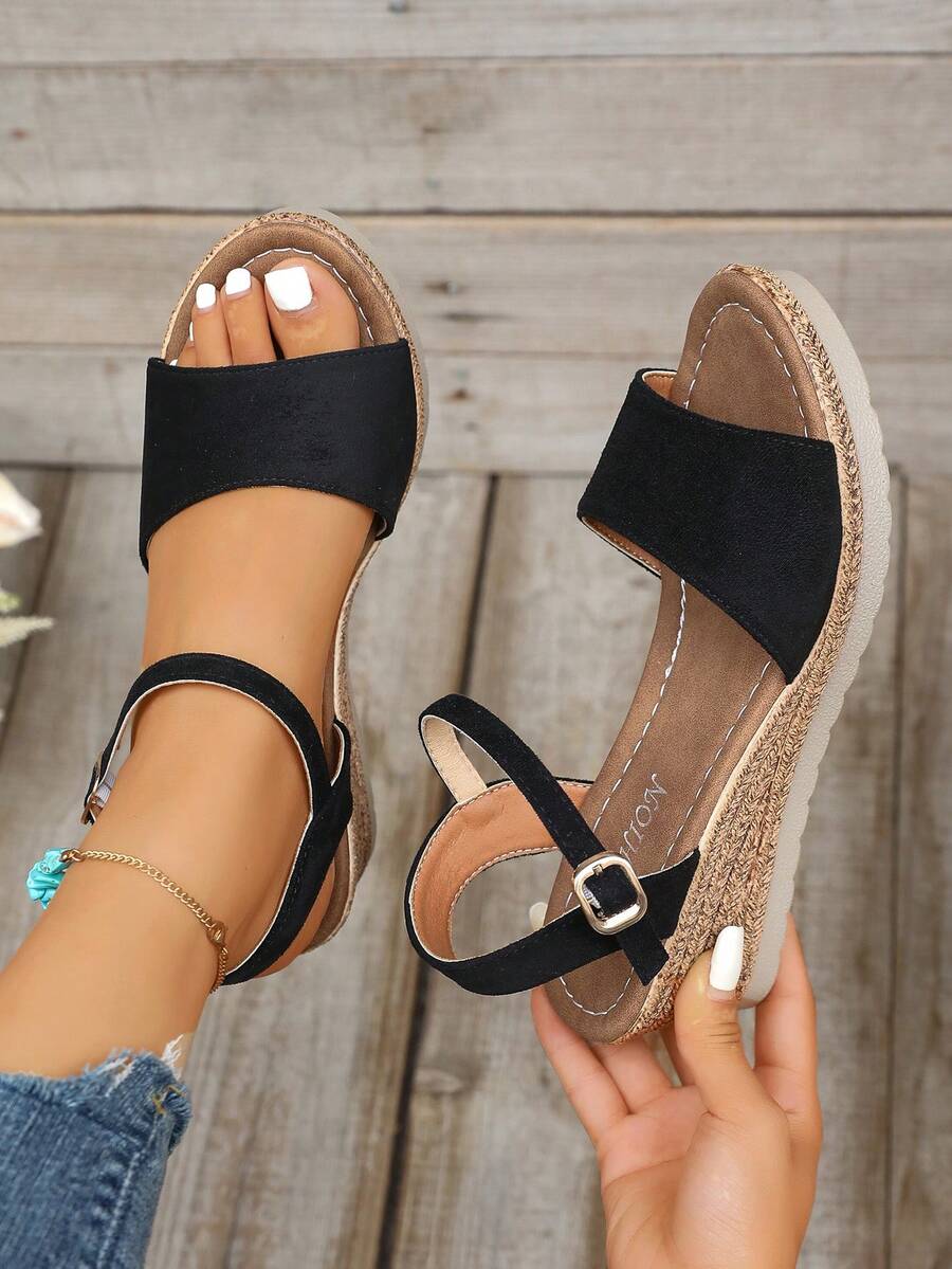 Damen Keilsandalen mit einem Riemen, hohe Absätze, 2026 Sommer Neu Mode, Feenstil, einfarbig, Urlaub, Bohemian, Große Größen - Schwarz - Übersicht 1