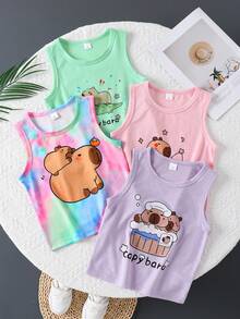 4pcs/Set Kids Capybara Print Round Neck Tank Top, Casual, Sporty, Outdoor Wear For 3-7 Years Old