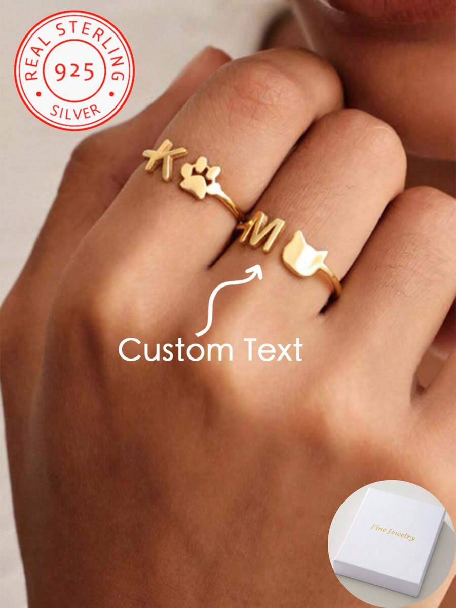 One Piece 925 Silver Customized Initial Opening Ring, Cute Cat Paw Cat Shaped Ring, Gift For Her, Pet Lover's Choice, Pet Memorial Gift, Valentine's Day Gift. - Yellow Gold - View 1