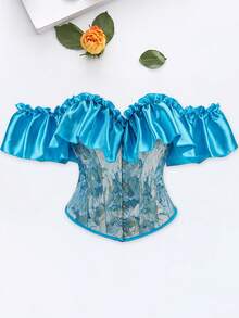 Women Corset Bustier Tops Vintage Jacquard Flower Ruffle Sleeve Body Shaper  Renaissance Shirts - 藍色 - 查看 6