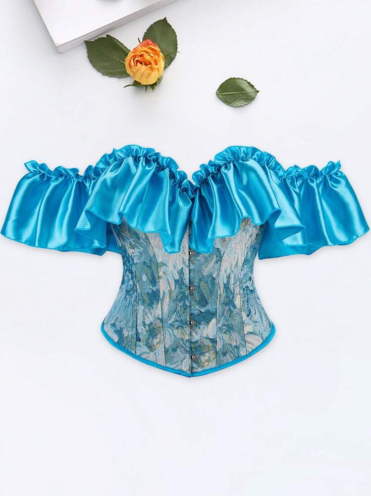 Women Corset Bustier Tops Vintage Jacquard Flower Ruffle Sleeve