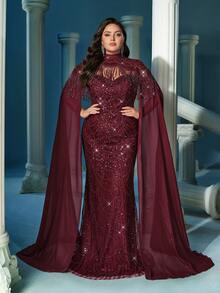 LUVISTRUE Plus Size Sequin Embellished Stand Collar Formal Dress Gown, Suitable For Formal Dinner (Highly Decorative) Wedding Spring - Burgundy - View 3