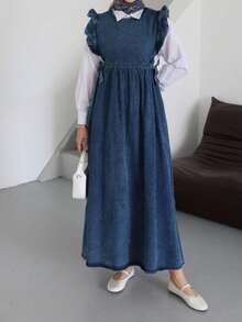 Women Casual Tie-Waist Embroidered Denim Dress With Cap Sleeve, Suitable For Wedding, Formal Party - Dark Wash - View 1