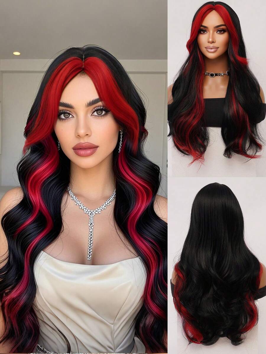 黑色长波浪假发 26 英寸挑染红色微卷大波浪自然造型轻盈透气合成纤维耐热假发适合女性日常使用派对假发角色扮演万圣节自然浪漫休闲街头假发