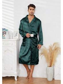 Men's Satin Robe Lightweight,Men's Luxurious Silk Kimono Bathrobe - Dark Green - View 5