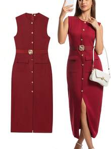 女士黑色长连衣裙，适合办公室穿着，春季无袖中长连衣裙，配有腰带和纽扣，以及女士吊带裙 - 酒紅色 - 查看 1