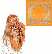 35 Inches Silk Head Scarf-Satin Hair Scarves Silk Bandana Scarf Headscarf For Women's Fashion Scarveshalloween - 橘色圓點腰果 - 查看 1