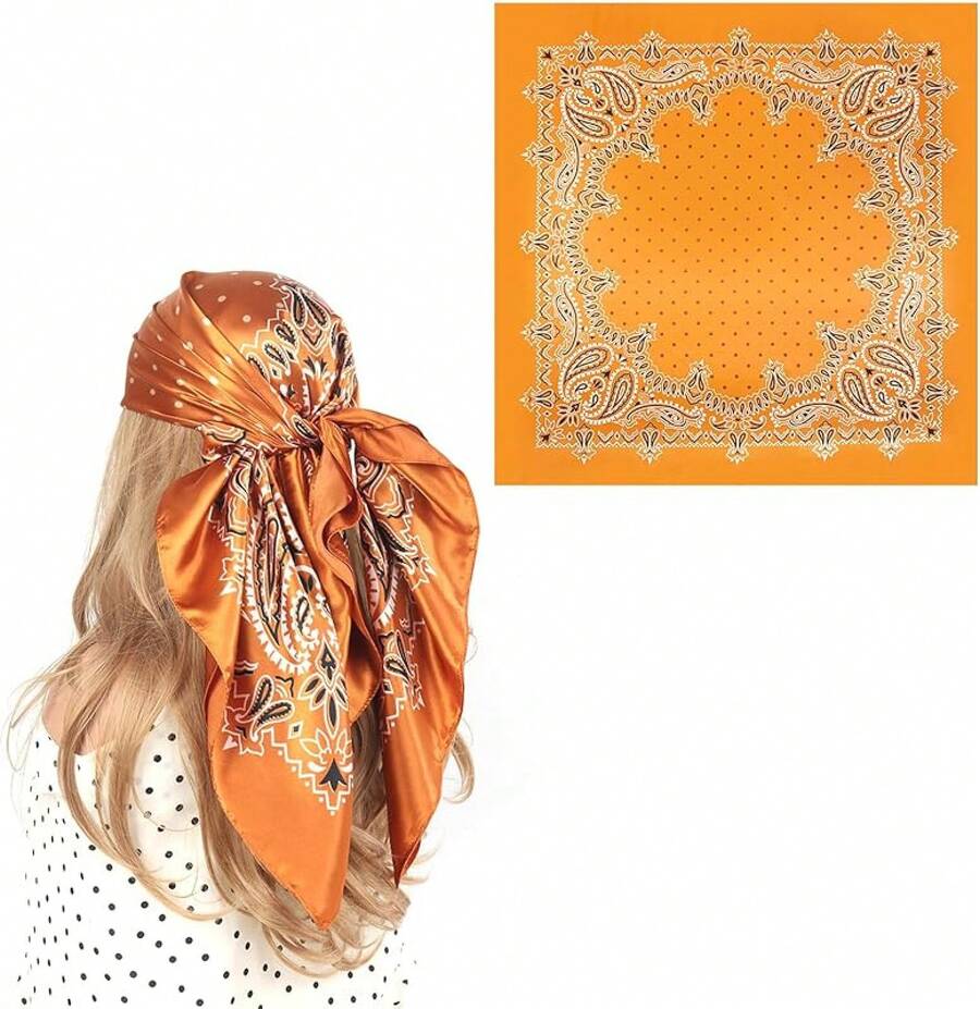 35 Inches Silk Head Scarf-Satin Hair Scarves Silk Bandana Scarf Headscarf For Women's Fashion Scarveshalloween - 橘色圓點腰果 - 查看 1