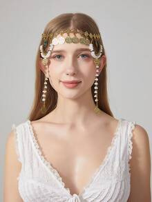 1 件波西米亚复洛克风格多层珍珠头链，新月硬币流苏水晶水钻吊坠头饰，时尚新娘发饰