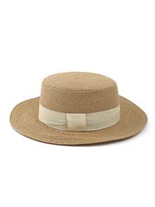 1 件女士宽边平顶太阳帽，黑色丝带草帽，适合海滩 - 卡其色帽子米色織帶 - 查看 3