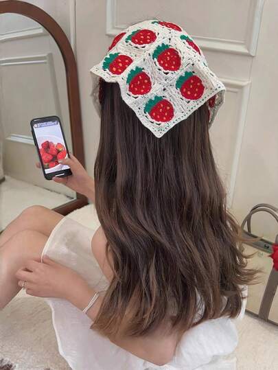 1 件女士可爱甜美钩针镂空草莓头带，针织三角领带发带，休闲优雅，适合日常、派对、海滩、乡村、多用途礼物、学校用品、学院、头带发饰秋季配饰