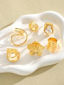 13/6pcs Set Exaggerated Vintage Coin Flower & Faux Pearl Metal Geometric Wide Band Rings, Gift For Women, Suitable For Summer, Casual, Party, Daily Wear - 款式1 - 查看 3