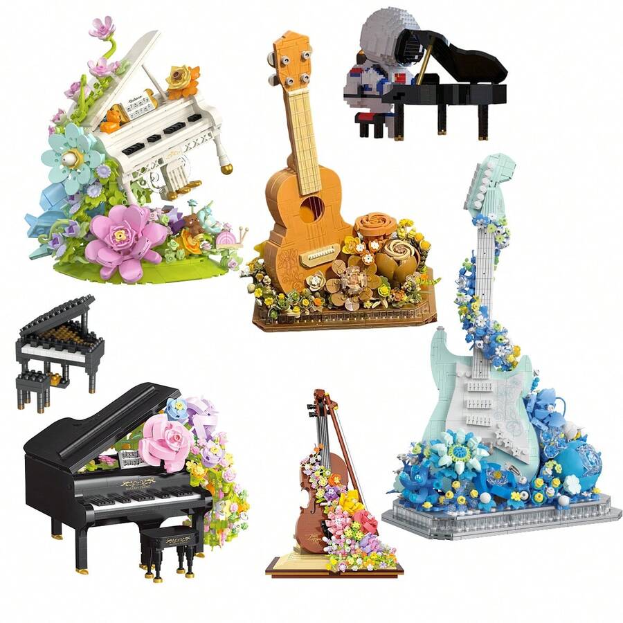 Piano Unsterbliche Blume Bauklötze Set, kreative musikalische Instrumenten Modell Kollektion, kleine Bauklötze Piano Serie Modell, Heim Schreibtisch Deko Geschenk für Mädchen Feiertag/Geburtstag, geeignet für fantasievolles Bauen und Ausstellen, ohne Beleuchtung