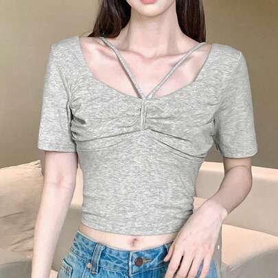 여름용 새로운 디자인 컷아웃 스쿱넥 반소매 티셔츠 탑