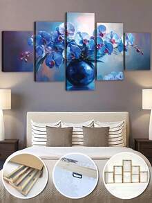 1/5 件，超大全景墙画带画框，蓝色花卉兰花油画画框艺术，蓝色花朵，春季花卉艺术，植物艺术，适用于卧室客厅、浴室、健身房、瑜伽馆装饰、家居装饰，可直接悬挂 - 藍色 - 查看 2