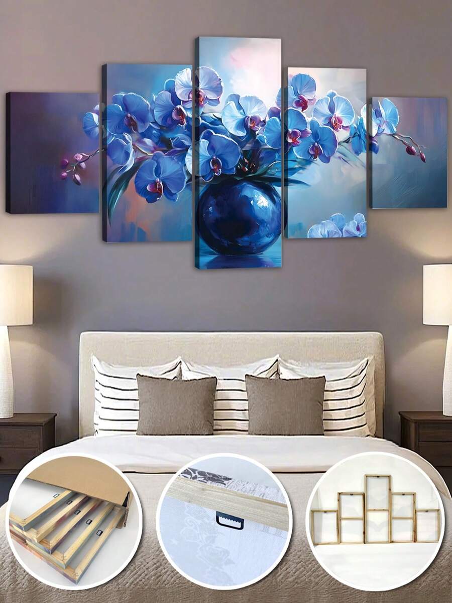 1/5 件，超大全景墙画带画框，蓝色花卉兰花油画画框艺术，蓝色花朵，春季花卉艺术，植物艺术，适用于卧室客厅、浴室、健身房、瑜伽馆装饰、家居装饰，可直接悬挂