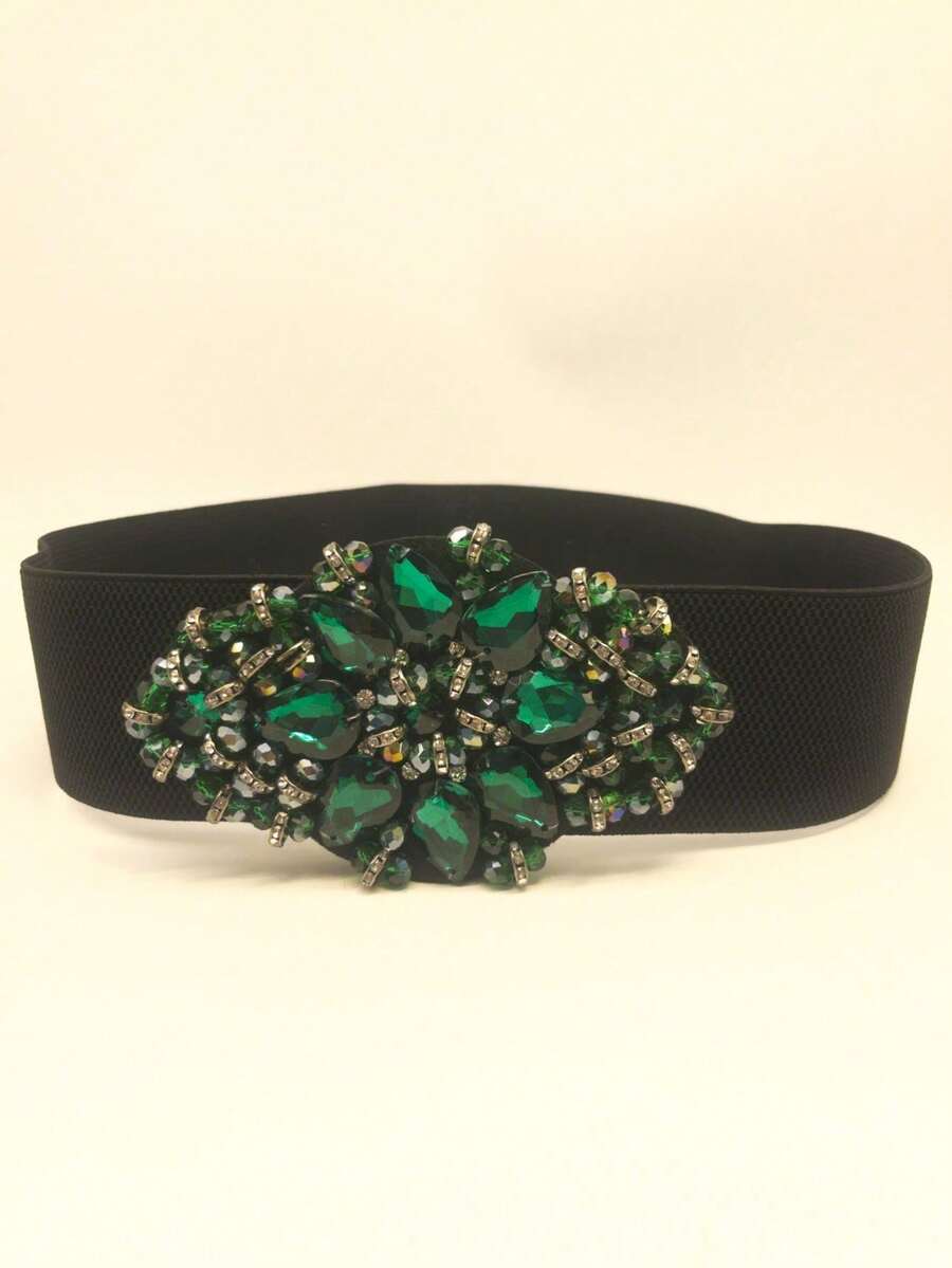 1 件时尚优雅的绿色水钻串珠弹性腰带，波西米亚风格，适合长袍、秋季节日、长裙、衬裙、正式礼服，适合学生、休闲女士、商务休闲女士以及圣诞节/万圣节派对礼物秋季、秋季、万圣节