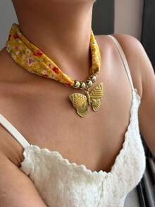 Monlansher 新款不锈钢蝴蝶吊坠项链搭配黄色印花布颈链，原创设计，时尚夸张个性项链，适合女性，休闲度假百搭 - 蝴蝶款 - 查看 3