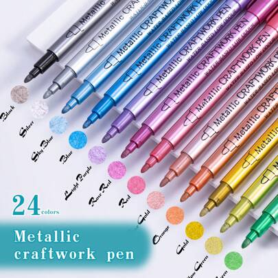 12/24Pcs/Set Metallic Markers Brush Head Color Paint Pens For Black Paper Glass Rock Pens Painting Scrapbook Album Metallic Markers Student Stationery