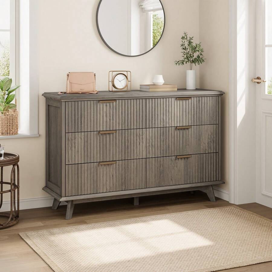 QUW Fluted Dresser For Bedroom With 6 Drawers, 47.2" Wide Modern Chest Of Drawers With Metal Handle, Wooden Dresser TV Stand And Closet Clothes Storage Organizer For Living Room, Hallway - Xám - Xem 1