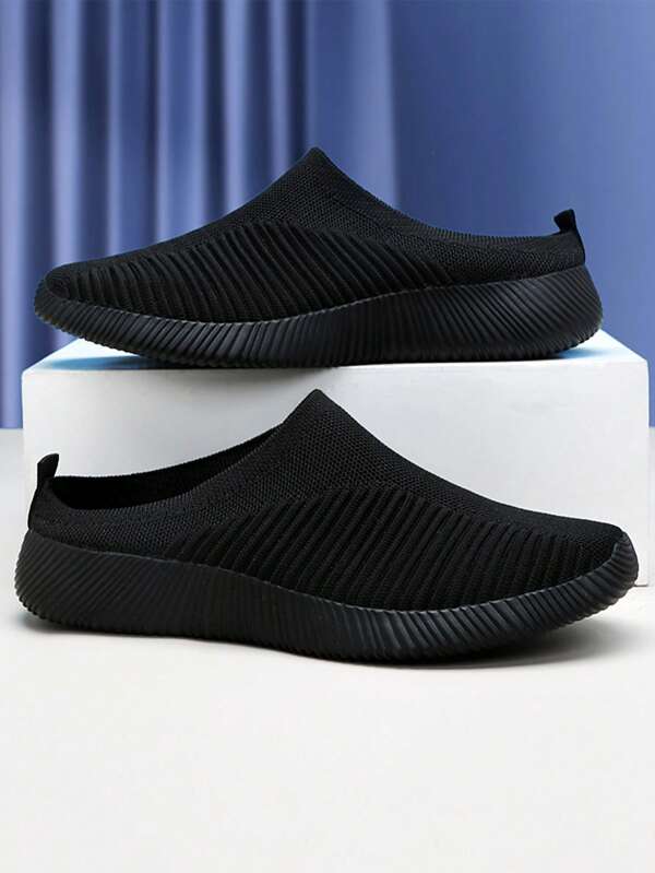 Women's Black Breathable Knit Casual Flat Slip-On Shoes, Lightweight & Comfortable