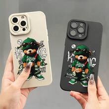 Étui de téléphone doux avec motif d'ours en peluche vert de dessin animé, yeux d'ange, impression UV mate. Protection à 360 degrés pour iPhone 11 12 13 14 15 16 Pro Max XR X/XS 7 8 Plus SE Mini pour smartphone - Noir - Voir 8