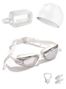 Bộ kính bơi mạ dành cho người lớn, chống sương mù, chống thấm nước, tròng kính HD - chống rò rỉ, chống tia UV, thích hợp cho luyện tập, hồ bơi, bãi biển, có nút tai bảo vệ tai, đồ dùng cần thiết cho bãi biển, phụ kiện bãi biển, phao bơi - trắng - Xem 10