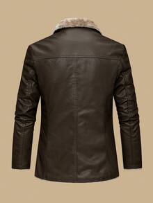 Men's Leather Jacket, Mid-Length Thickened Thermal Lined Suit Jacket, Casual Business Formal Wear, Lapel Collar Single-Breasted Jacket, Heavyweight Washed Fabric Soft Flannel Lining - Brown - View 5