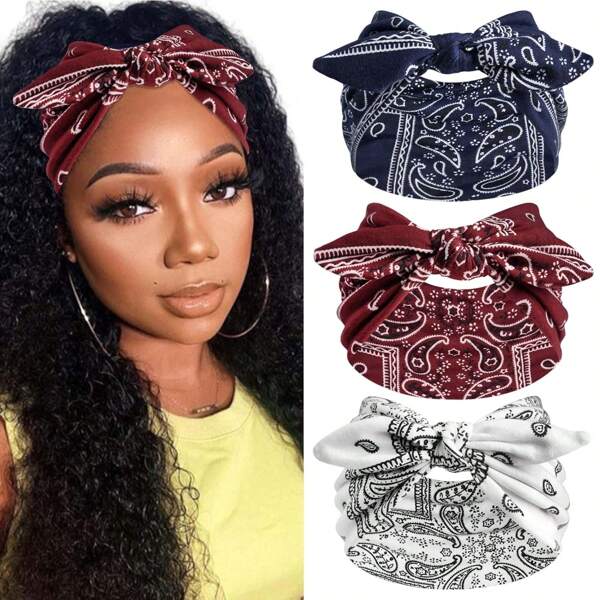Set de 3 diademas de conejo extra anchas y adorables con estampado de paisley y flores, y moño sólido, adecuadas para yoga, deportes, actividades al aire libre, mujeres, de poliéster bohemio de estilo paisley, accesorios de moda para el cabello para todas las estaciones, accesorios con moños, útiles escolares, universidad