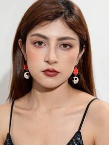 imoli 1 对简约深色哥特风格万圣节花朵吊坠骷髅耳环，独特的朋克风格女性设计，适合派对、节日、万圣节礼物