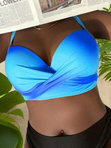 Slaydiva Plus Summer Beach Twist Front Ombre Blue Bikini Top - Blue - View 5