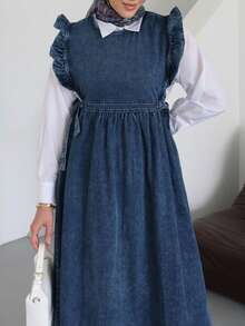 Women Casual Tie-Waist Embroidered Denim Dress With Cap Sleeve, Suitable For Wedding, Formal Party - Dark Wash - View 2