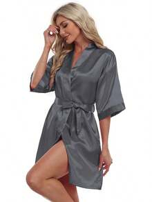 - Albornoces cortos de satén para mujer, para novia, dama de honor, boda, fiesta, ropa de dormir con bolsillos - Gris - Ver 9