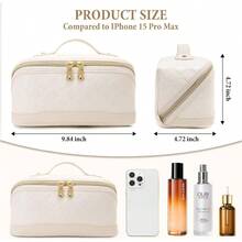 CZ Travel Makeup Bag Large Capacity Cosmetic Bag For Women PU Leather Checkered Open Flat Toiletry Bag Make Up Organizer Bags With Handle And Divider Beige  1613 - 米色 - 查看 5