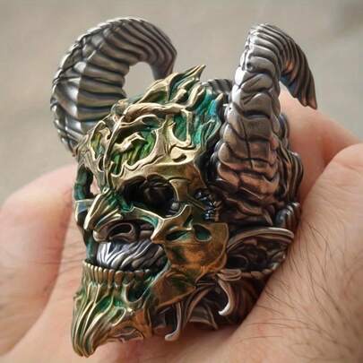 Crazy Heavy Demon Lord With Bronze Mask, God Of Night, Giant Horns, Birthday Gift, Biker Jewelry, Tattoo Lover
