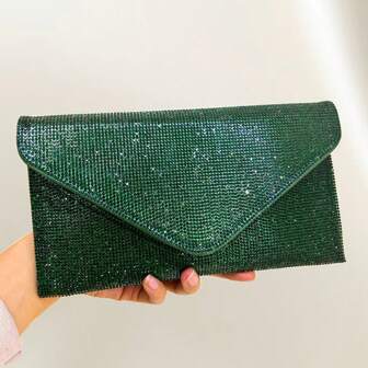 Shiny Glitter Rhinestone & Pearl Decor Envelope Style Evening Clutch Bag, Elegant Rhinestone Embellished Chain Strap Crossbody Bag, Exquisite Luxury PU Envelope Clutch Handbag For Party, Wedding, Prom, Dinner, Gift For Women, 23*13*0.5cm