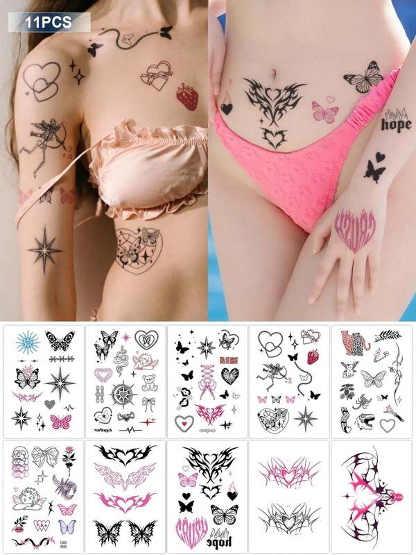 STARTTOOS 11pcs Pink Heart Bow Fashionable Y2K Aesthetic Demon Heart Tattoo Stickers, Suitable For Daily, Party, Festival, Gift For Back, Shoulder, Neck, Chest, Abdomen, Temporary Body Art