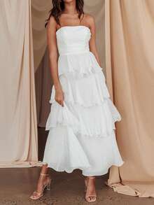 Ruffled Tube Top Long Dress For Women Summer Solid Color Backless Strapless Sleeveless Tiered Cake Dress