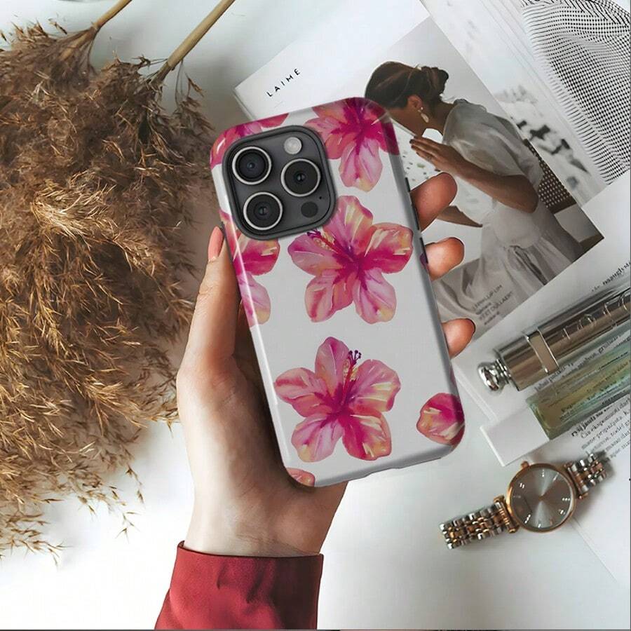 COQUETTE PREPPY HIBISCUS Phone Case, Floral Aesthetic | For Apple 16e Case, Apple 16 15 14 13 12 11 Pro Max Plus Plus Mini, MagSafe Case - 白色 - 查看 1