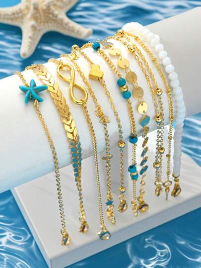 10pcs/Set Bohemian Starfish & Heart Bead Anklet Set, Suitable For Date, Vacation, Daily Outfit, Party Gift