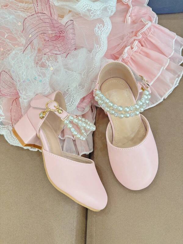 Young Girls' White High Heel Shoes, Artificial PU Leather, Pearl Chain Design, Suitable For Performance, Music, Piano Recitals All Season
