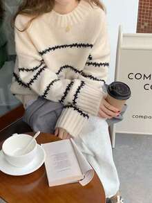 Women's Autumn And Winter Fashionable And Versatile Y2K Contrasting Striped Shoulder Down Casual Knitted Round Neck Autumn And Winter Sweater, Lightweight And Comfortable, Suitable For Leisure, Daily Life, Dating, Home, Office, Party Gatherings, Festivals, Shopping, Halloween, Christmas, Thanksgiving, Holidays