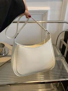 女士时尚纯色复古拼接单肩包，适合日常使用 - 白色 - 查看 3