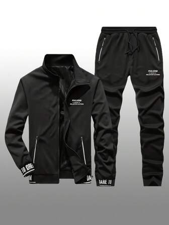Veste et pantalon de survêtement casual à col montant avec imprimé slogan, pour homme, pour le printemps/automne