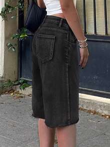 Y2K Streetwear Mid-Waist Distressed Frayed Denim Shorts, Casual Knee-Length Bermuda Shorts With Pocket Detail For Summer - 黑色 - 查看 3